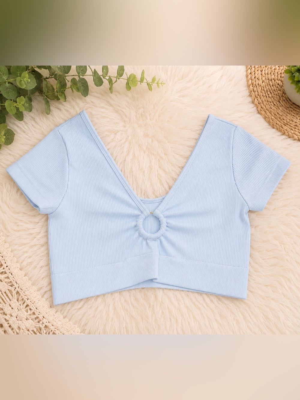 aerie Pale Blue Ribbed Ring-Front Crop Top